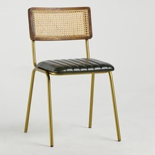 Bexley Dining Chair Green Genuine Leather Seat with Cane Backrest Metal Frame