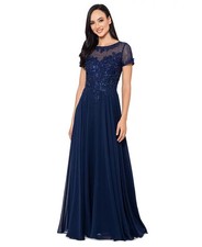 Xscape Navy Blue Beaded Embroidered Mesh Gown Dress Size 8 $298