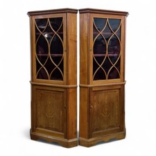 Antique pair of tall inlaid mahogany corner display cabinets - cupboards