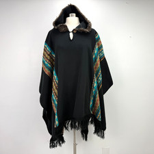 Nomads Hooded Blanket Poncho Black Fleece Tribal Print Fringe Western Boho Ranch