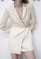 ZARA Shirt Wrap Blazer Style Dress SIZE 8 10 S Small Satin Effect Cream White ?