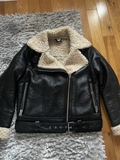 Topshop Black Faux Leather Shearling Lined Aviator Jacket Size 8