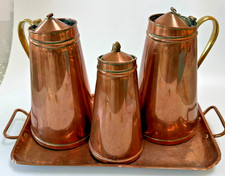 Stunning Antique Arts & Crafts WAS Benson Copper Hot Water Jug/Pitchers x3 +Tray