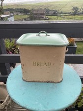 VINTAGE SHABBY CHIC TALA  ENAMEL BREAD BIN 1930’s Cream / Green Cottage Core