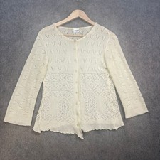 Brora Cardigan Womens Size L Ivory 100% Cotton Round Neck Button Up Open-Knit