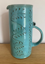 Studio Pottery Jug Pitcher Vase Green / Blue Glaze Large 21.5cm H Signed