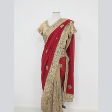 Zarkan Indian Designer Sale Saree with Blouse Net Georgette Beige Red UK Size S