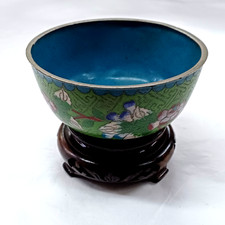 Chinese Cloisonné Bowl with Wooden Stand / Vintage / 10.5cm Dia