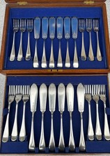 Antique Mappin & Webb silver plated 12 place fish cutlery bright cut boxed & key