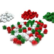 Glitter Tinsel Pom Poms 15mm Red White Green or Assorted Pompoms 50 to 500 pack