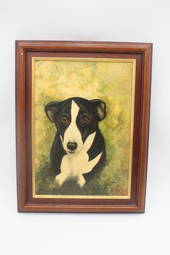 Vintage naive oil board dog - on,