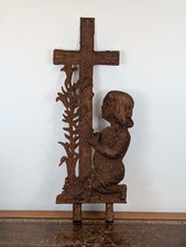 Antique French cast iron grave marker with kneeling child in prayer 19th century