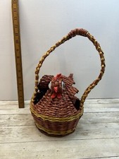Vintage Woven Wicker Chicken Hen Rooster Basket Wood Beak Farmhouse Egg Holder