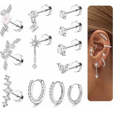 12Pcs Helix Piercing Jewellery Surgical Steel Tragus Earrings Set Flat Back