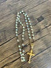 ITALY Signed Vintage AB Heart Crystal Glass Rosary Prayer Beads Jesus Crucifix