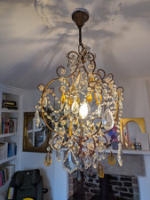French Gilt Crystal Chandelier - Vintage Antique Light With Amber Drops Glass
