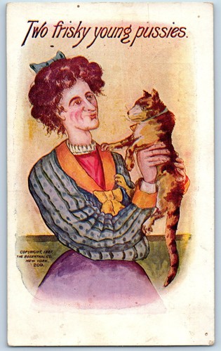 1908 risque woman with cat - woman,