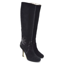 Womens Dsquared2 $1250 Embellished Zip Knee Boot 38 / 7.5 Black Suede Heel Shoes