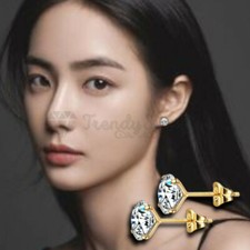 Large 8MM Round CZ Crystal Stud Earrings 18K Gold on Genuine 925 Sterling Silver