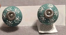 Pair of Vintage Ceramic Green- White & Silver Decorative Door Knobs / Brand New 