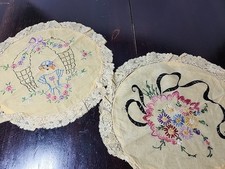 2 Vintage 1920s Boudoir Pillow Cover Yellow Voile Embroidered Floral Belle Lace