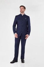 Mens Navy Nehru Jacket Mandarin Grandad Tab Collar 3 Piece Suit Wedding Party