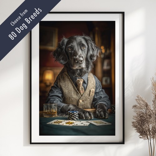 Funny dog playing - poker, print