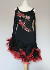 Ruffle Latin Dance Dress Size M Black Red Floral Embroidery Samba Competition
