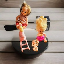 Vtg 76s  2 Mattel Barbie Heart Family Baby Toddler Dolls 1 Baby& Rocking Horse