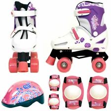 Girls Pink White Quad Skates Padded Kids Roller Boots Safety Pads Helmet Set New