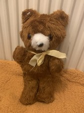 Old Retro Vintage Bear Brown Teddy with White Muzzle and Cream Bow Soft Toy