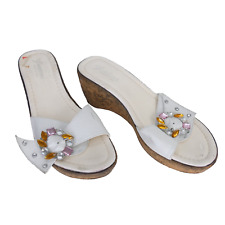 White Cork Wedge Mules Granny Sandals Jewelled Vintage GARDONE Size UK 5 EU 38