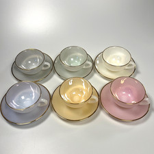 Vintage 1950s Arcopal Opale Milk Glass Tea Cups & Saucers – Pastel Set of Six