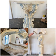 Italian Design Furniture Set In Cream And Blue. Light; Corner Table And Mirror