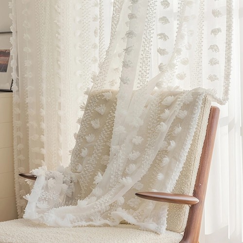 White pom sheer curtain - sheer,