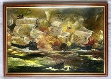 Vintage 1960s Original Oil Painting Naval Ship Battle Scene Maritime Art 60x42cm