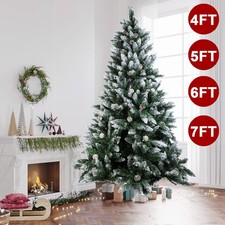 Christmas Tree Snow Frosted with Lights LED Pine Cone Xmas Decor 4Ft/5Ft/6Ft/7Ft