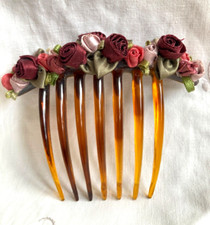 VINTAGE French Ribbon Rose buds Floral Tortoiseshell HAIR COMB Bridal Boho!