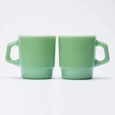 Fire King Jadeite Jade D Handle Stacking Mug Cup Set of 2 with Box Made japan