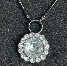 Pilgrim Necklace Long 36 Inch Gunmetaltone Chain Halo Pendant Clear Stones