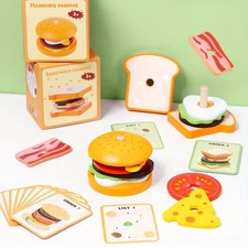 Montessori Wooden Hamburger and Sandwich Stacking Toys. Pretend Toy. Fun Time