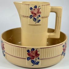 Antique French Extra Large Ceramic Art Deco Basin & Pitcher Set By Badonviller