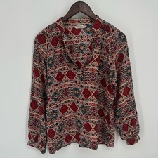 Tucker Blouse Womens Medium Maroon Multi Geo Silk Print Split Neck Boho Relaxed