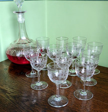 12 ANTIQUE PORT or SHERRY GLASSES ~ EDWARDIAN C1900 ETCHED GREEK KEY HANDMADE