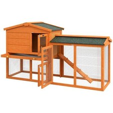 PawHut Wooden Two-Tier Rabbit Hutch with Run, Ramp, Slide-Out Tray - Orange
