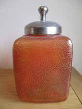 Vintage Carnival Glass Storage Jar Amber Glass Iridescent Glaze Metal Lid 1930s