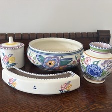 Vintage Poole Pottery Floral Lot, 1930s-1950s, Mustard Pot, Vase, Bowl, Trough