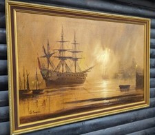 John Bampfield Oil On Canvas Large Framed Painting Ships Boats 