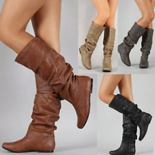 Womens Slouchy Mid Calf Boots Ladies Laces Zip Knee High Long Riding Flat Shoes