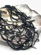 12-Strand Black Glass and Wood Seed Bead Freshwater Baroque Pearl Necklace